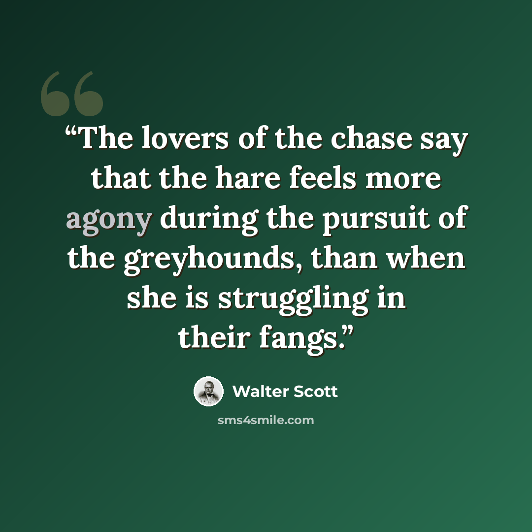 “The lovers of the chase say that the hare feels more agony during the pursuit of the greyhounds, than when she is struggling in their fangs.” quote by Walter Scott