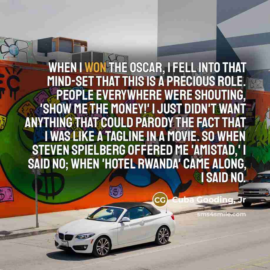 “When I won the Oscar, I fell into that mind-set that this is a precious role. People everywhere were shouting, 'Show me the money!' I just didn't want anything that could parody the fact that I was like a tagline in a movie. So when Steven Spielberg offered me 'Amistad,' I said no; when 'Hotel…” quote by Cuba Gooding, Jr