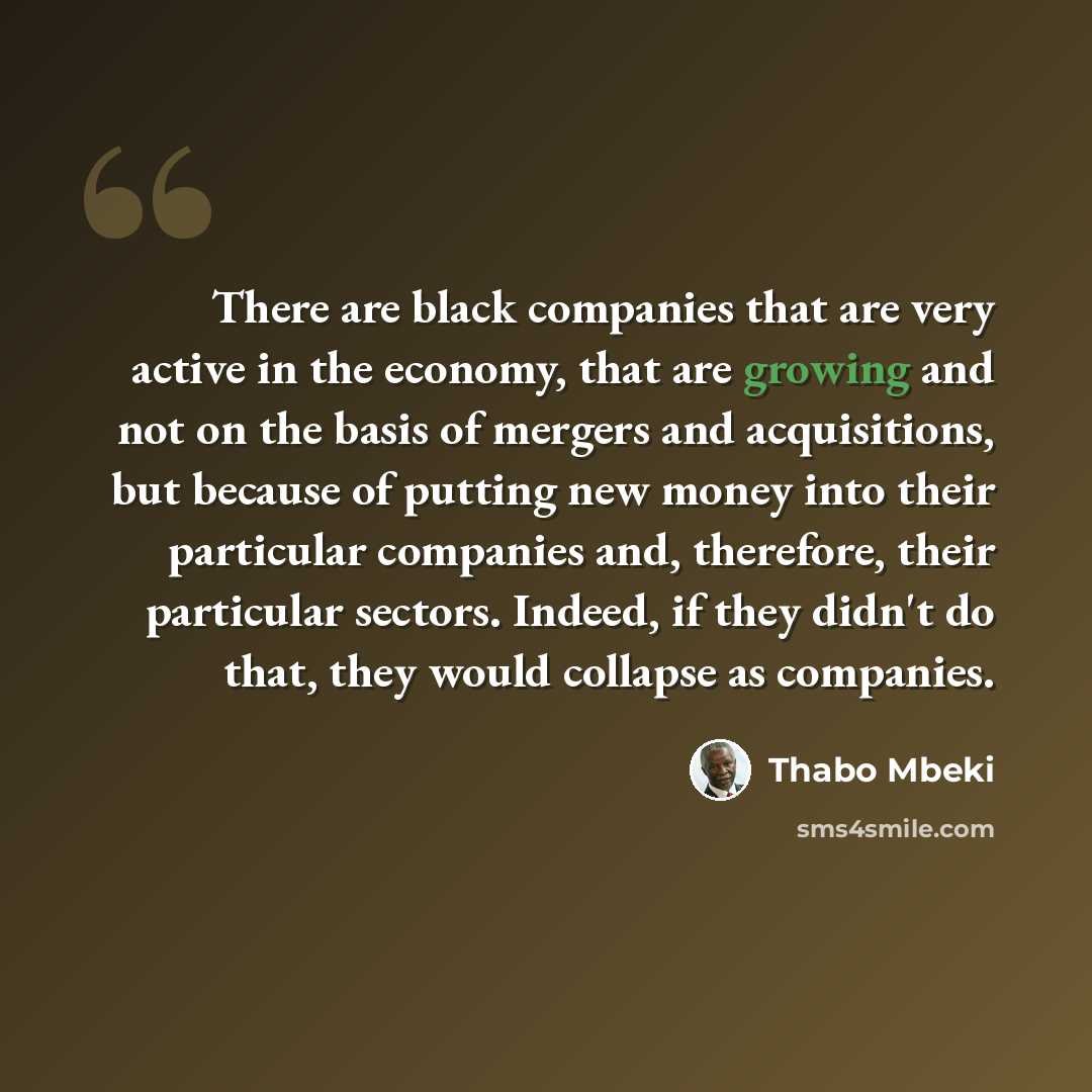 “There are black companies that are very active in the economy, that are growing and not on the basis of mergers and acquisitions, but because of putting new money into their particular companies and, therefore, their particular sectors. Indeed, if they didn't do that, they would collapse as…” quote by Thabo Mbeki