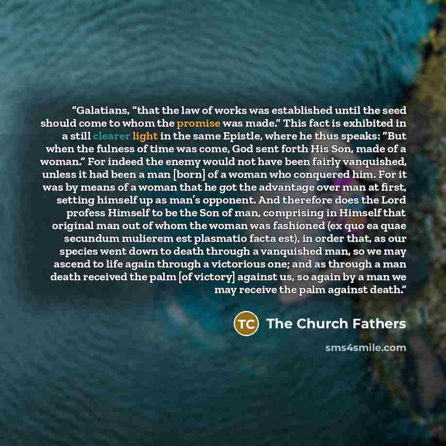 “Galatians, “that the law of works was established until the seed should come to whom the promise was made.” This fact is exhibited in a still clearer light in the same Epistle, where he thus speaks: “But when the fulness of time was come, God sent forth His Son, made of a woman.” For indeed the…” quote by The Church Fathers