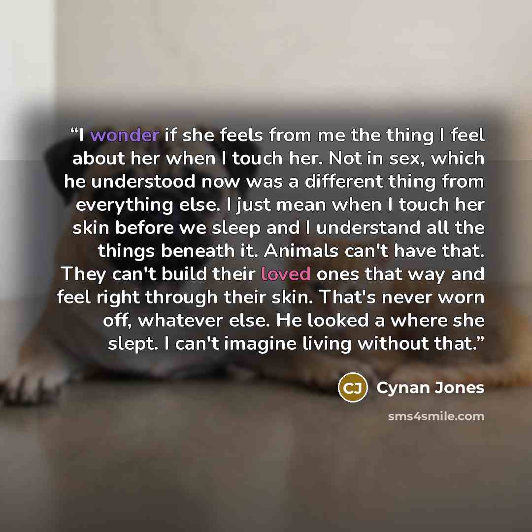 “I wonder if she feels from me the thing I feel about her when I touch her. Not in sex, which he understood now was a different thing from everything else. I just mean when I touch her skin before we sleep and I understand all the things beneath it. Animals can't have that. They can't build their…” quote by Cynan Jones