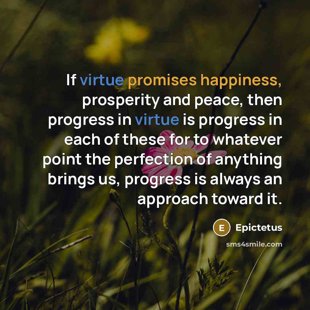 “If virtue promises happiness, prosperity and peace, then progress in virtue is progress in each of these for to whatever point the perfection of anything brings us, progress is always an approach toward it.” quote by Epictetus