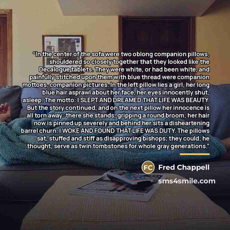 “In the center of the sofa were two oblong companion pillows, shouldered so closely together that they looked like the Decalogue tablets. They were white, or had been white, and painfully stitched upon them with blue thread were companion mottoes, companion pictures. In the left pillow lies a girl…” quote by Fred Chappell