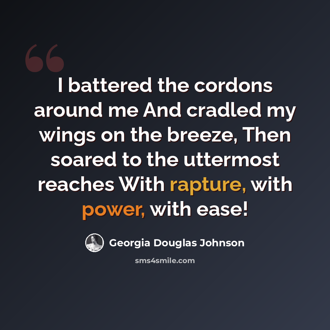 “I battered the cordons around me And cradled my wings on the breeze, Then soared to the uttermost reaches With rapture, with power, with ease!” quote by Georgia Douglas Johnson