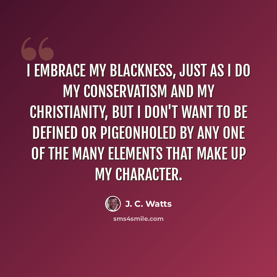 “I embrace my blackness, just as I do my conservatism and my Christianity, but I don't want to be defined or pigeonholed by any one of the many elements that make up my character.” quote by J. C. Watts