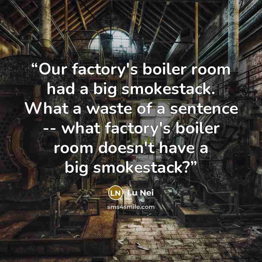 “Our factory's boiler room had a big smokestack. What a waste of a sentence -- what factory's boiler room doesn't have a big smokestack?” quote by Lu Nei