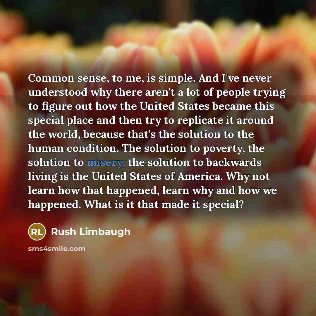 “Common sense, to me, is simple. And I've never understood why there aren't a lot of people trying to figure out how the United States became this special place and then try to replicate it around the world, because that's the solution to the human condition. The solution to poverty, the solution…” quote by Rush Limbaugh
