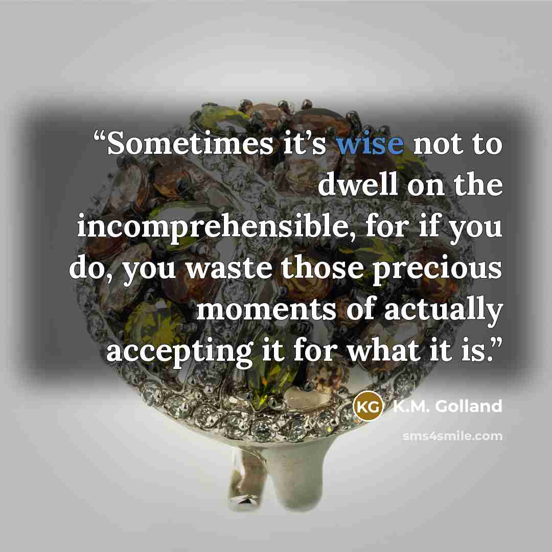“Sometimes it’s wise not to dwell on the incomprehensible, for if you do, you waste those precious moments of actually accepting it for what it is.” quote by K.M. Golland