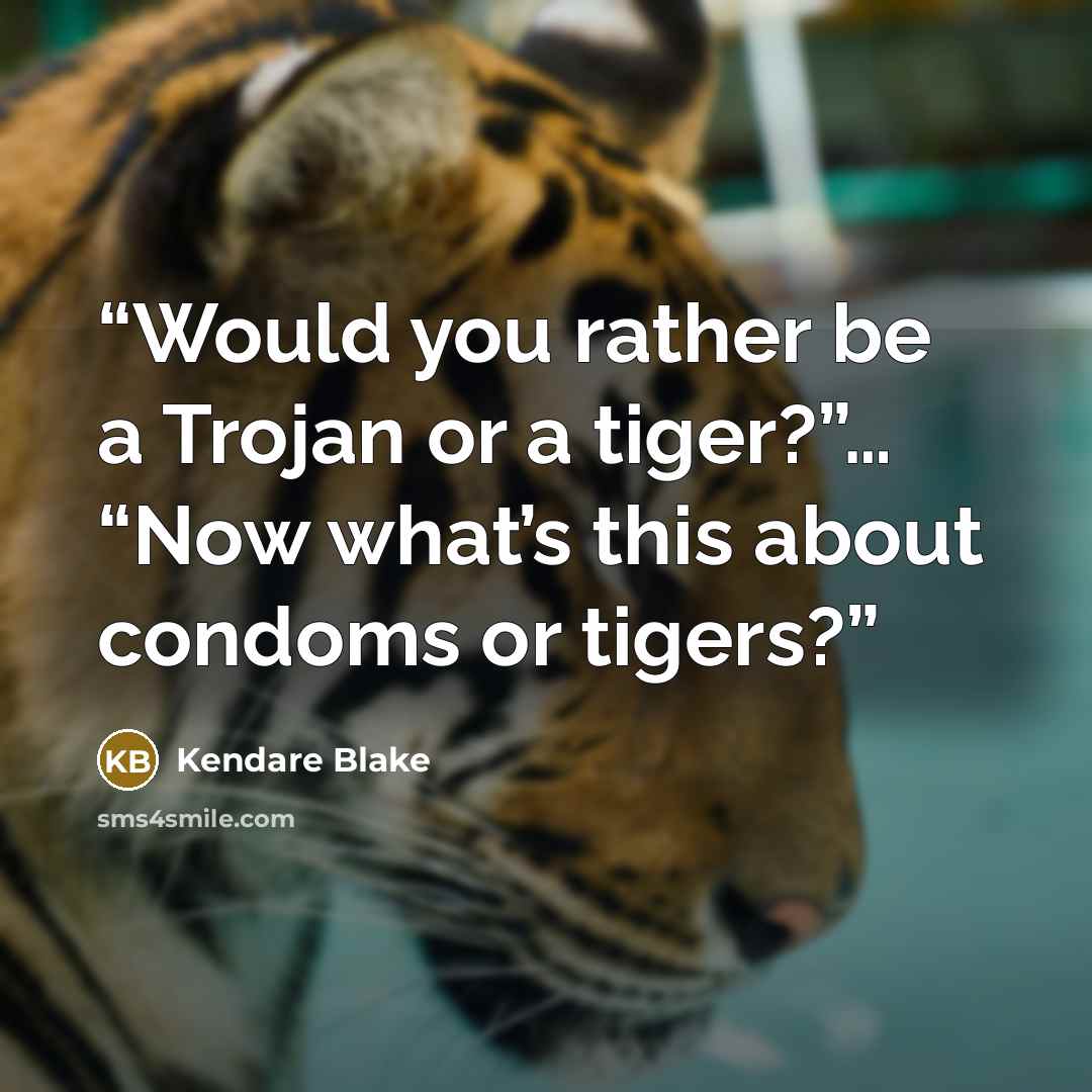 “Would you rather be a Trojan or a tiger?”… “Now what’s this about condoms or tigers?” quote by Kendare Blake