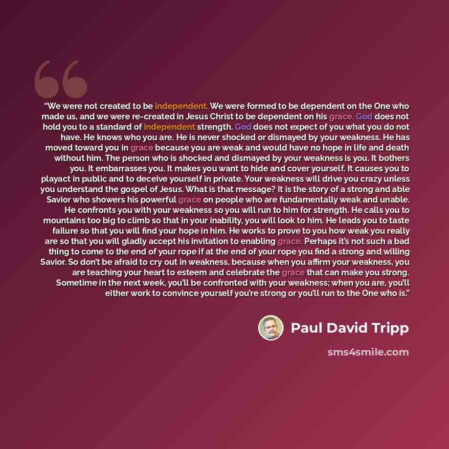 “We were not created to be independent. We were formed to be dependent on the One who made us, and we were re-created in Jesus Christ to be dependent on his grace. God does not hold you to a standard of independent strength. God does not expect of you what you do not have. He knows who you are. He…” quote by Paul David Tripp