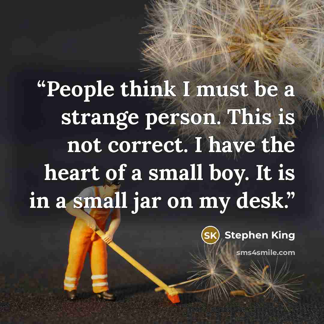 “People think I must be a strange person. This is not correct. I have the heart of a small boy. It is in a small jar on my desk.” quote by Stephen King