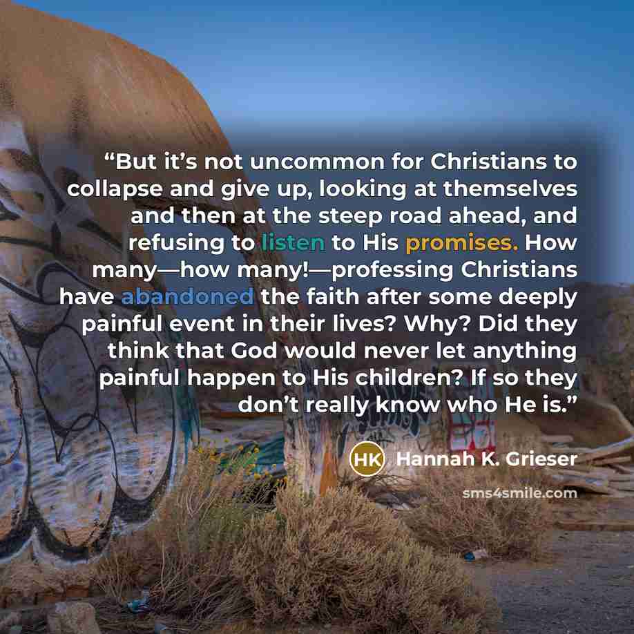 “But it’s not uncommon for Christians to collapse and give up, looking at themselves and then at the steep road ahead, and refusing to listen to His promises. How many—how many!—professing Christians have abandoned the faith after some deeply painful event in their lives? Why? Did they think that…” quote by Hannah K. Grieser