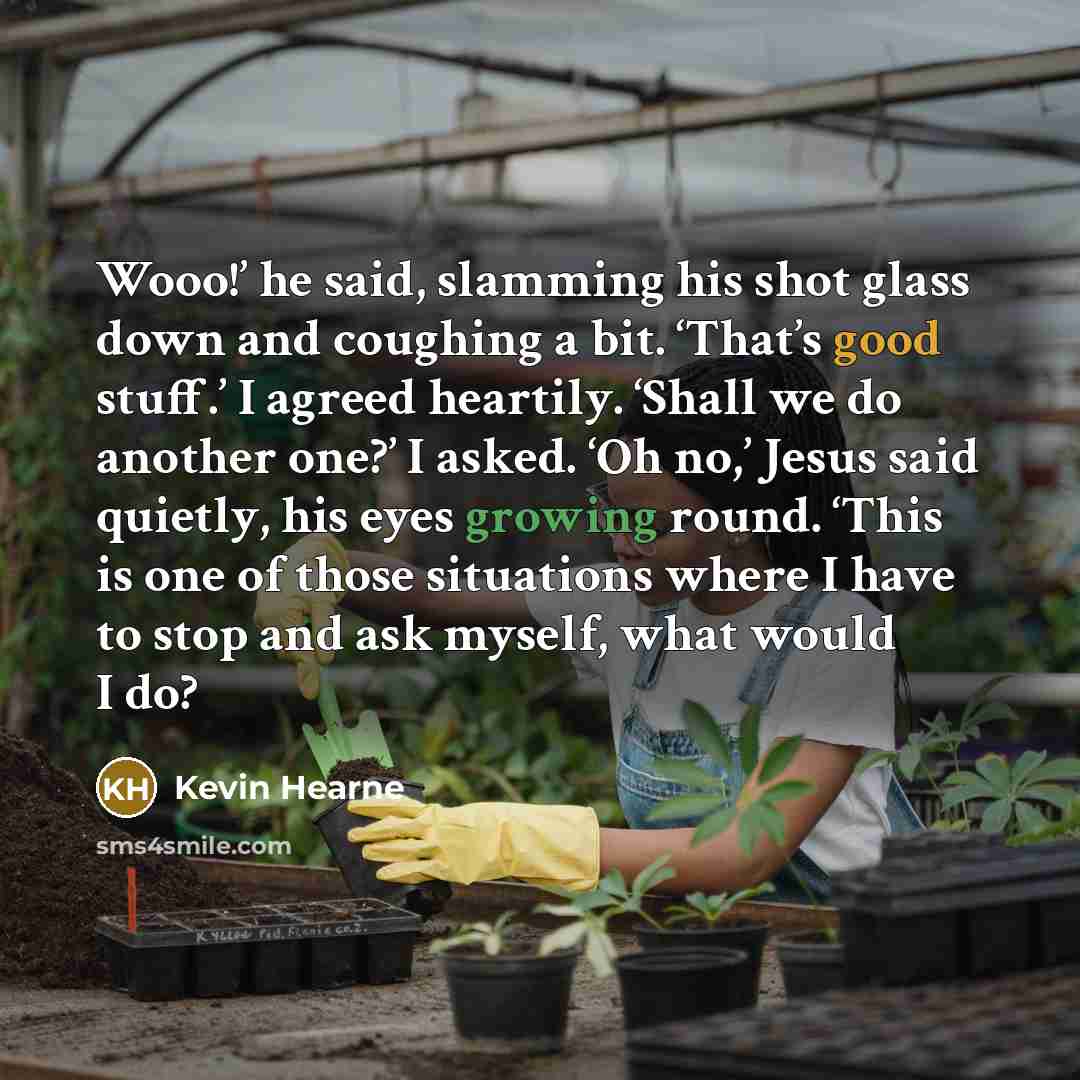“Wooo!’ he said, slamming his shot glass down and coughing a bit. ‘That’s good stuff.’ I agreed heartily. ‘Shall we do another one?’ I asked. ‘Oh no,’ Jesus said quietly, his eyes growing round. ‘This is one of those situations where I have to stop and ask myself, what would I do?” quote by Kevin Hearne