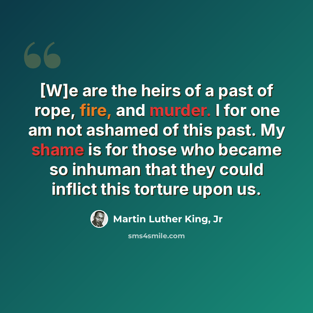 “[W]e are the heirs of a past of rope, fire, and murder. I for one am not ashamed of this past. My shame is for those who became so inhuman that they could inflict this torture upon us.” quote by Martin Luther King, Jr