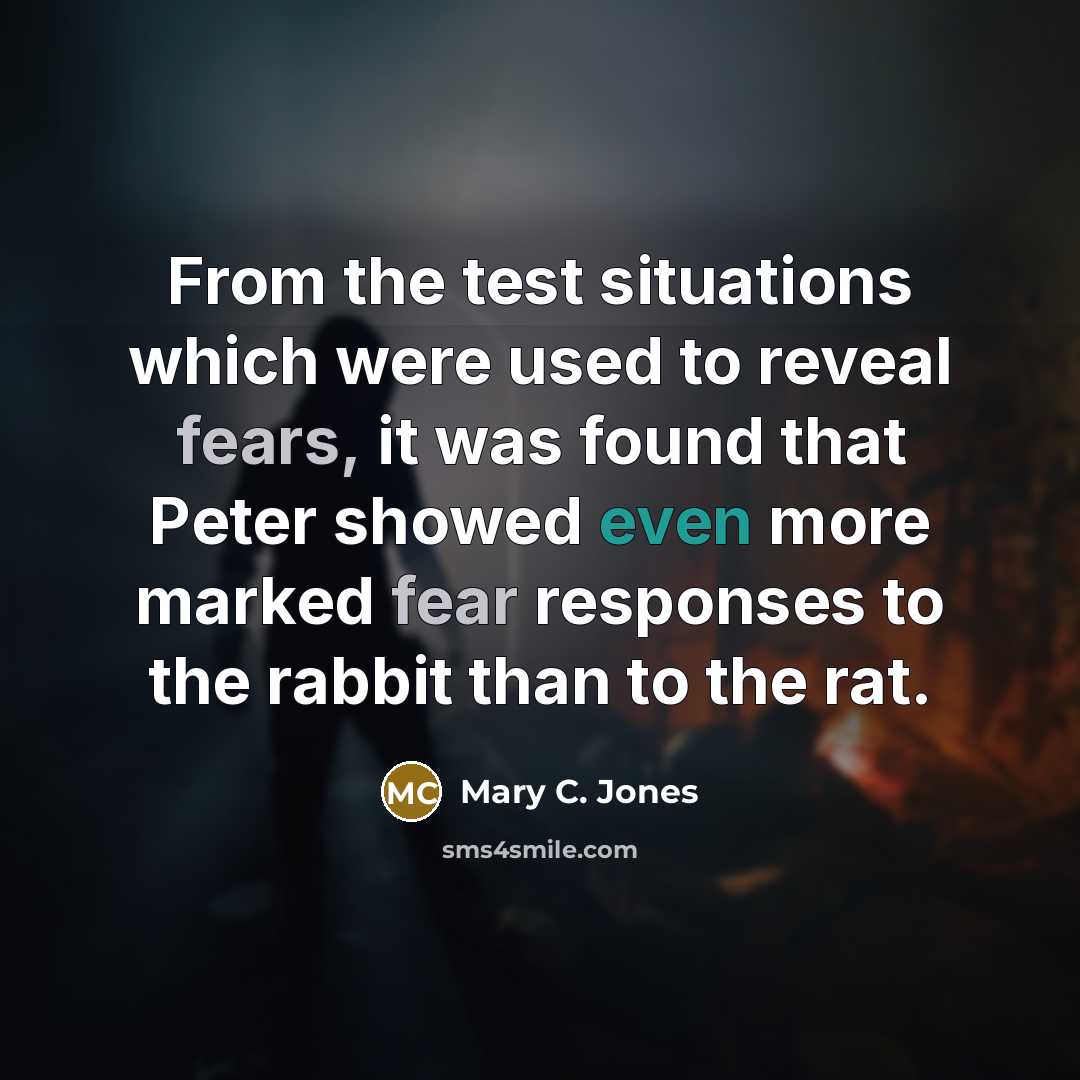 “From the test situations which were used to reveal fears, it was found that Peter showed even more marked fear responses to the rabbit than to the rat.” quote by Mary C. Jones