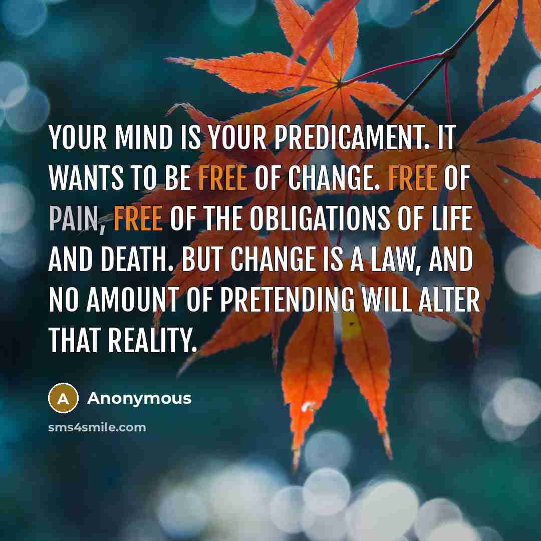 “Your mind is your predicament. It wants to be free of change. Free of pain, free of the obligations of life and death. But change is a law, and no amount of pretending will alter that reality.” quote by Anonymous
