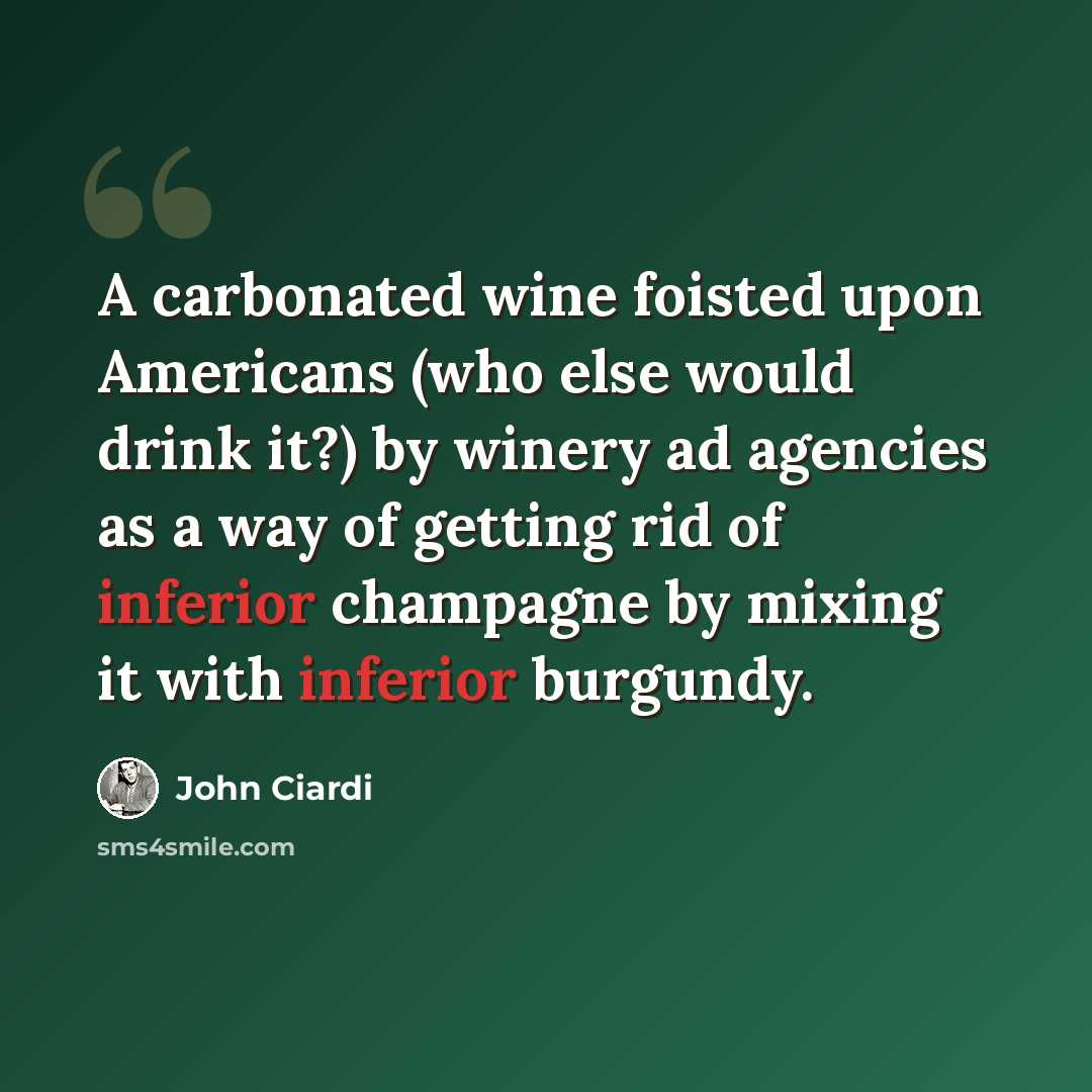 “A carbonated wine foisted upon Americans (who else would drink it?) by winery ad agencies as a way of getting rid of inferior champagne by mixing it with inferior burgundy.” quote by John Ciardi