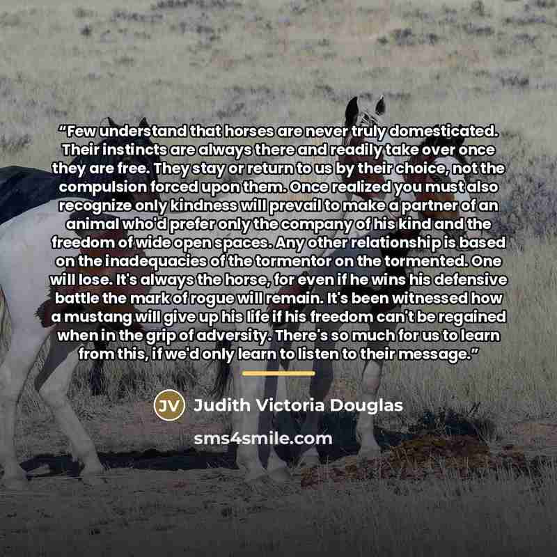 “Few understand that horses are never truly domesticated. Their instincts are always there and readily take over once they are free. They stay or return to us by their choice, not the compulsion forced upon them. Once realized you must also recognize only kindness will prevail to make a partner of…” quote by Judith Victoria Douglas