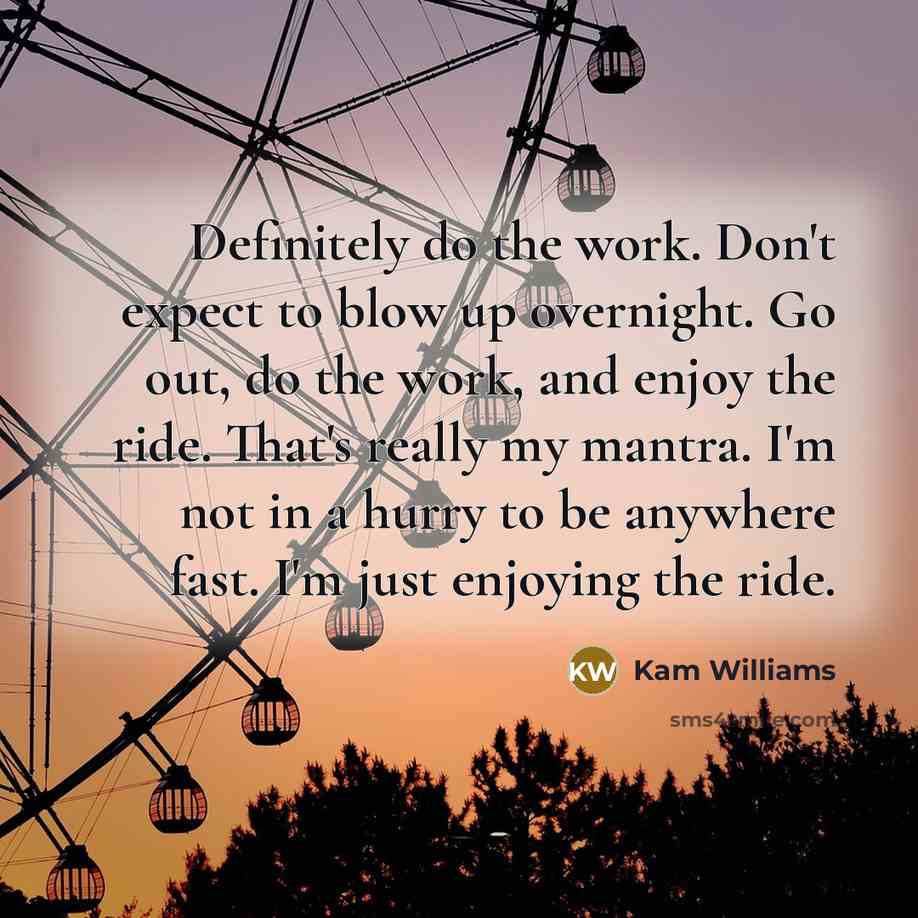 “Definitely do the work. Don't expect to blow up overnight. Go out, do the work, and enjoy the ride. That's really my mantra. I'm not in a hurry to be anywhere fast. I'm just enjoying the ride.” quote by Kam Williams