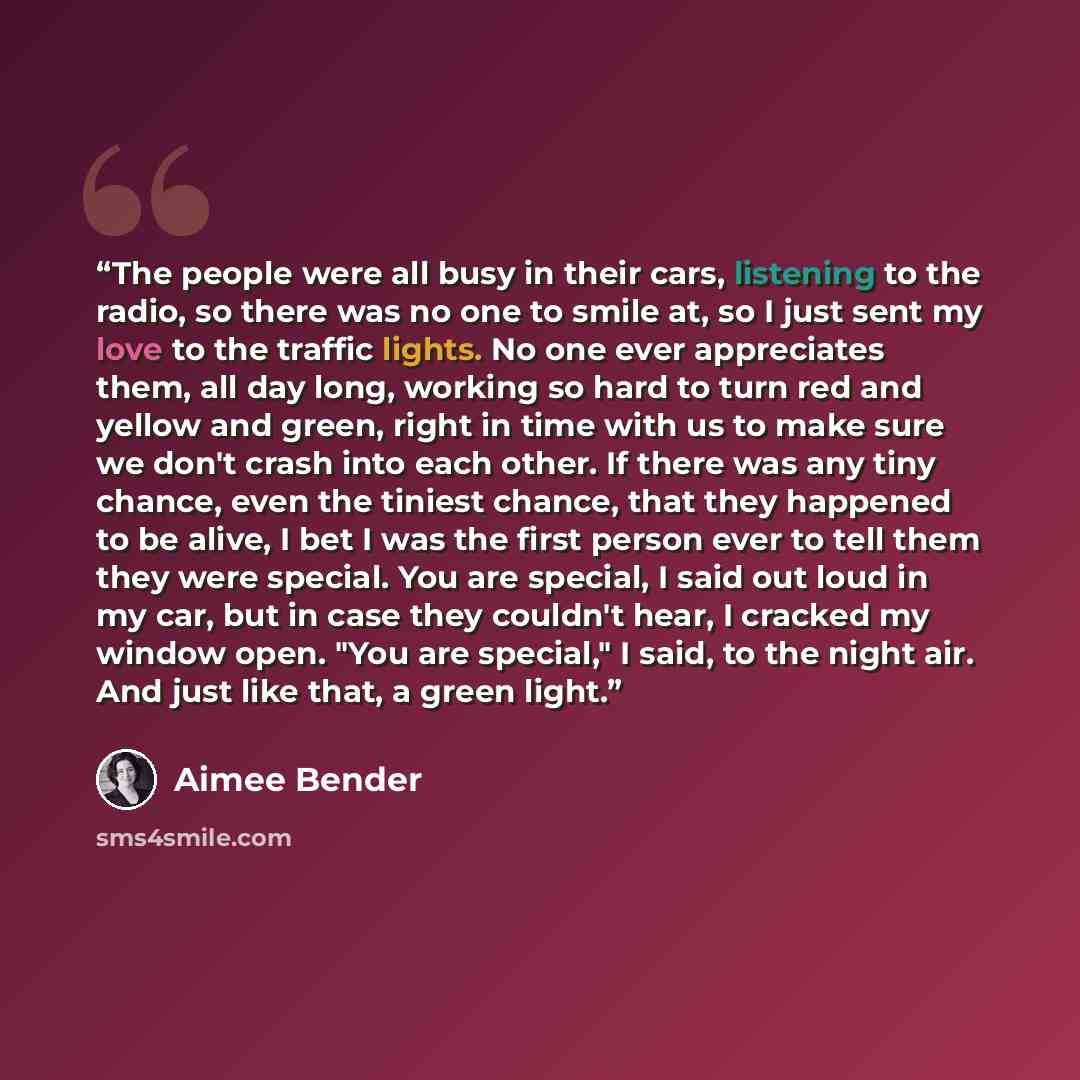 “The people were all busy in their cars, listening to the radio, so there was no one to smile at, so I just sent my love to the traffic lights. No one ever appreciates them, all day long, working so hard to turn red and yellow and green, right in time with us to make sure we don't crash into each…” quote by Aimee Bender