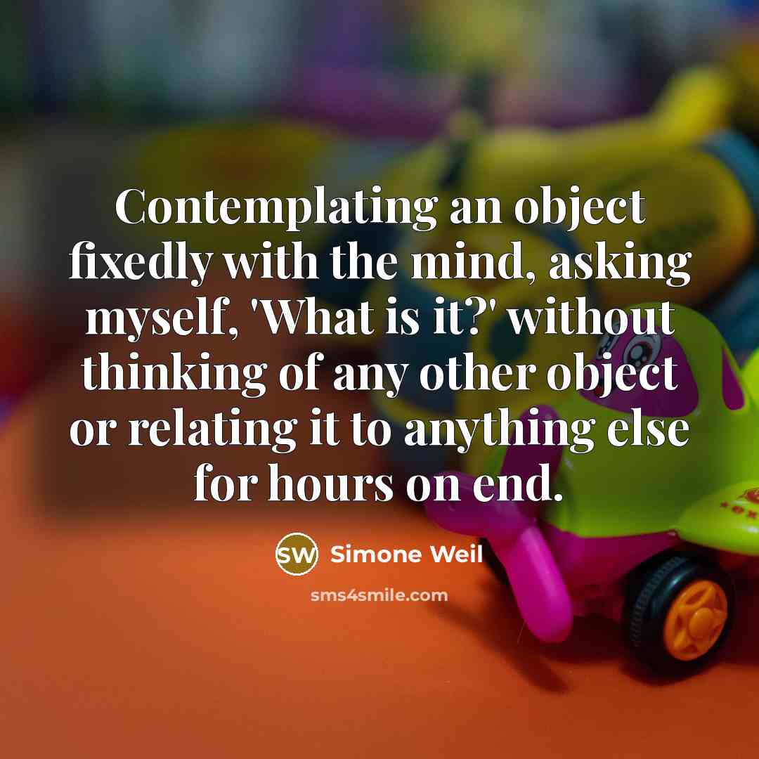 “Contemplating an object fixedly with the mind, asking myself, 'What is it?' without thinking of any other object or relating it to anything else for hours on end.” quote by Simone Weil