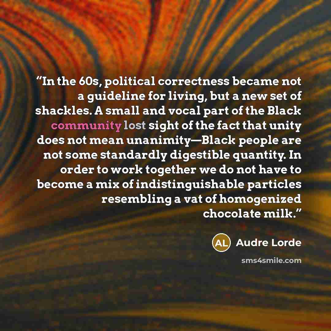 “In the 60s, political correctness became not a guideline for living, but a new set of shackles. A small and vocal part of the Black community lost sight of the fact that unity does not mean unanimity—Black people are not some standardly digestible quantity. In order to work together we do not have…” quote by Audre Lorde