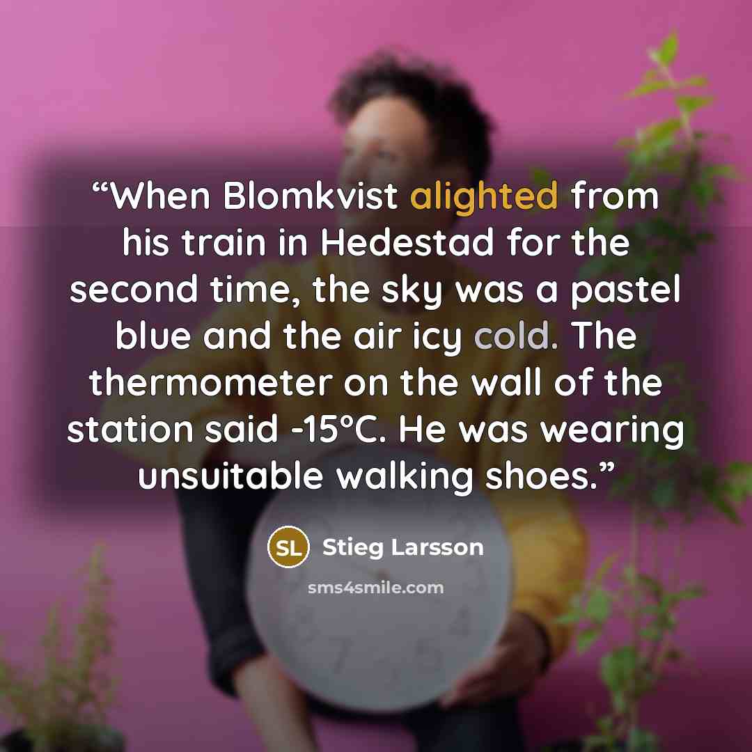 “When Blomkvist alighted from his train in Hedestad for the second time, the sky was a pastel blue and the air icy cold. The thermometer on the wall of the station said -15°C. He was wearing unsuitable walking shoes.” quote by Stieg Larsson