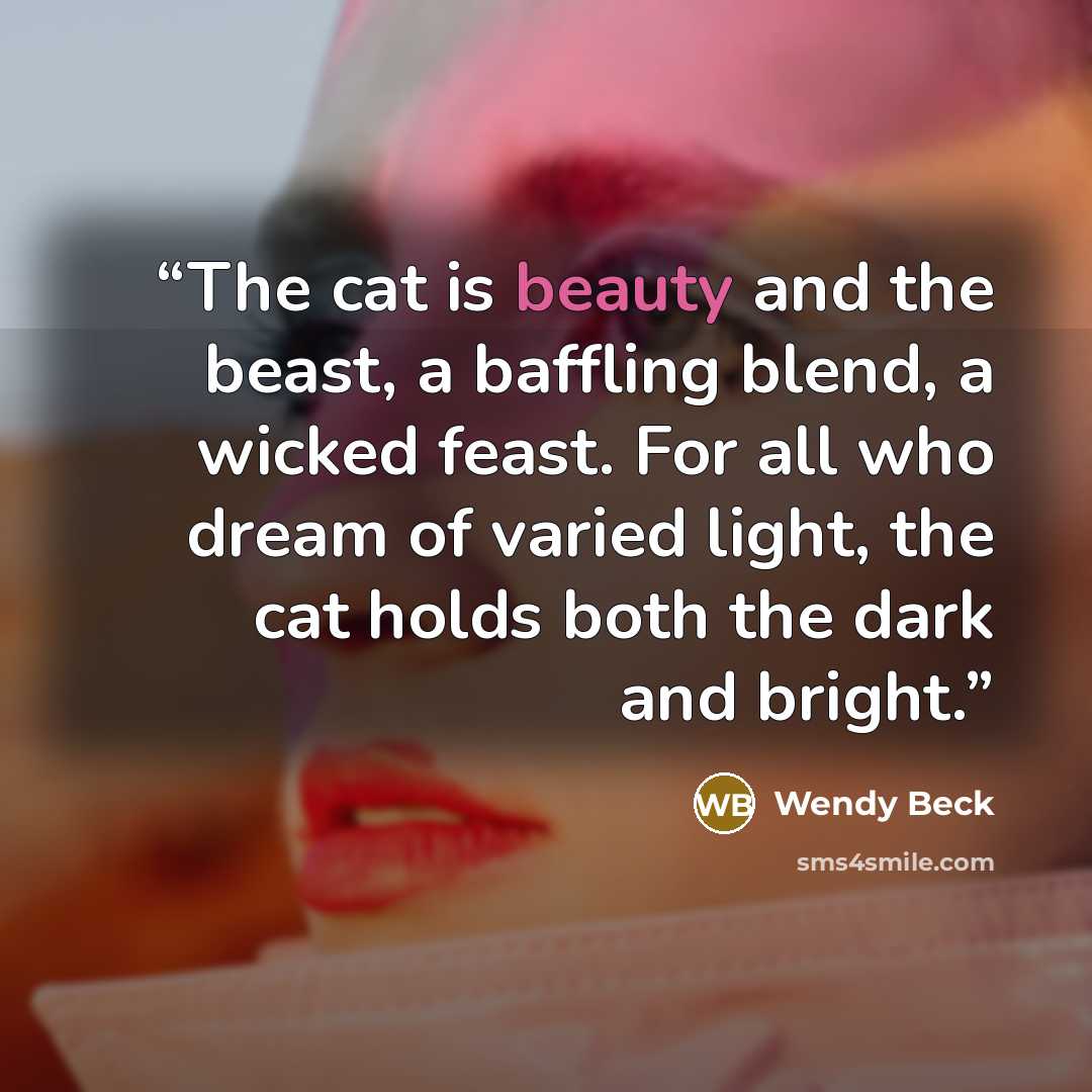 “The cat is beauty and the beast, a baffling blend, a wicked feast. For all who dream of varied light, the cat holds both the dark and bright.” quote by Wendy Beck