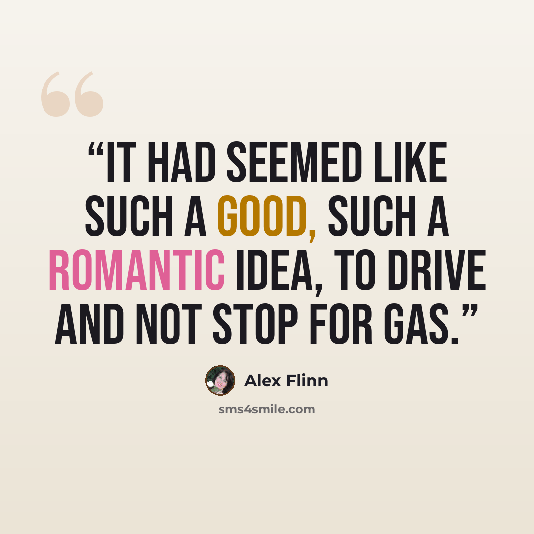 “It had seemed like such a good, such a romantic idea, to drive and not stop for gas.” quote by Alex Flinn