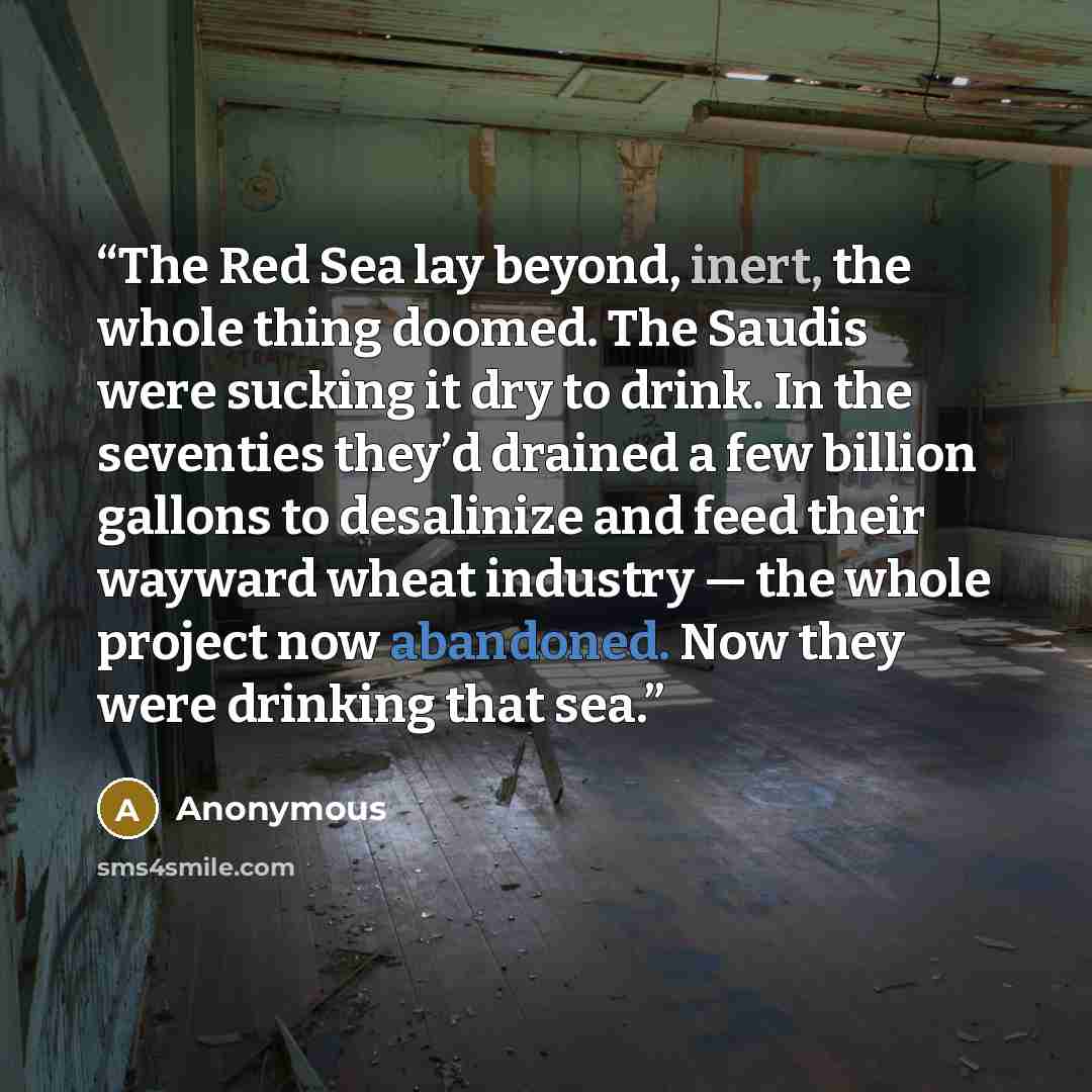 “The Red Sea lay beyond, inert, the whole thing doomed. The Saudis were sucking it dry to drink. In the seventies they’d drained a few billion gallons to desalinize and feed their wayward wheat industry — the whole project now abandoned. Now they were drinking that sea.” quote by Anonymous