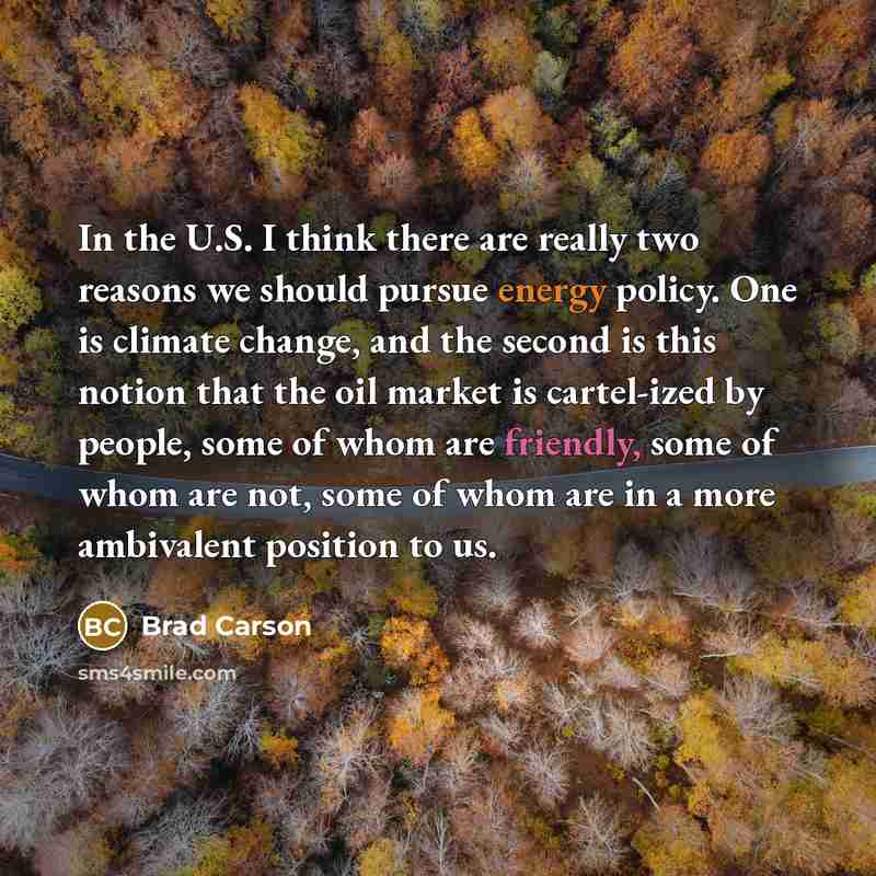 “In the U.S. I think there are really two reasons we should pursue energy policy. One is climate change, and the second is this notion that the oil market is cartel-ized by people, some of whom are friendly, some of whom are not, some of whom are in a more ambivalent position to us.” quote by Brad Carson