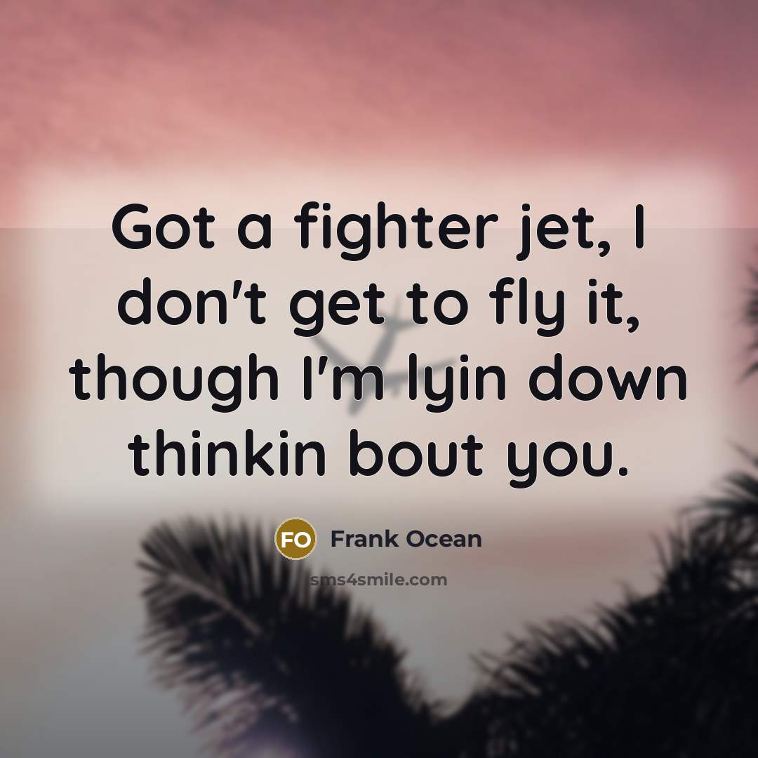 “Got a fighter jet, I don't get to fly it, though I'm lyin down thinkin bout you.” quote by Frank Ocean