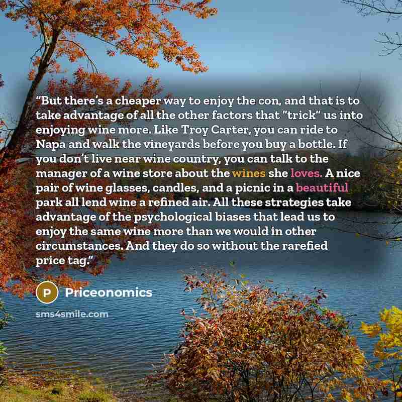 “But there’s a cheaper way to enjoy the con, and that is to take advantage of all the other factors that “trick” us into enjoying wine more. Like Troy Carter, you can ride to Napa and walk the vineyards before you buy a bottle. If you don’t live near wine country, you can talk to the manager of a…” quote by Priceonomics