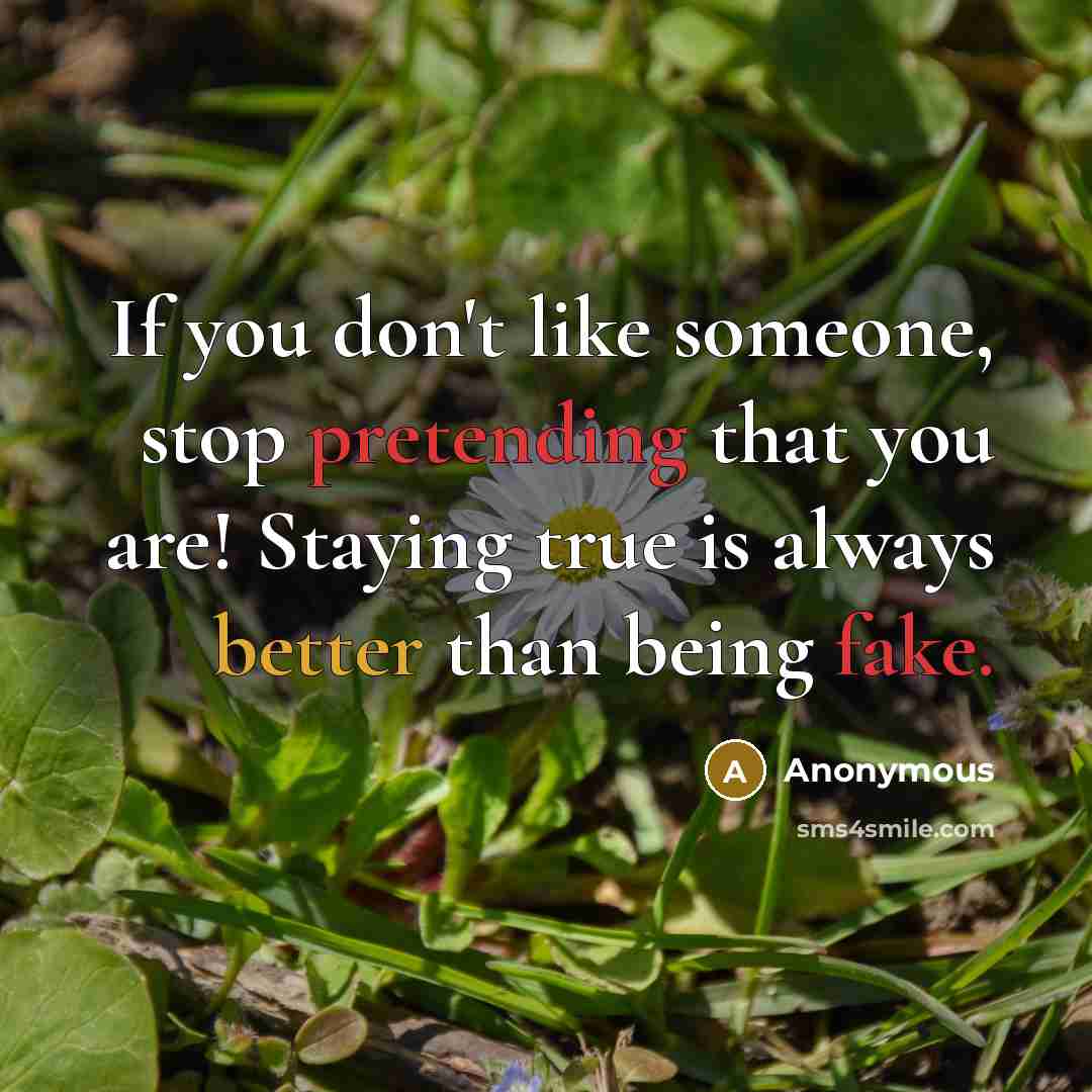 “If you don't like someone, stop pretending that you are! Staying true is always better than being fake.” quote by Anonymous