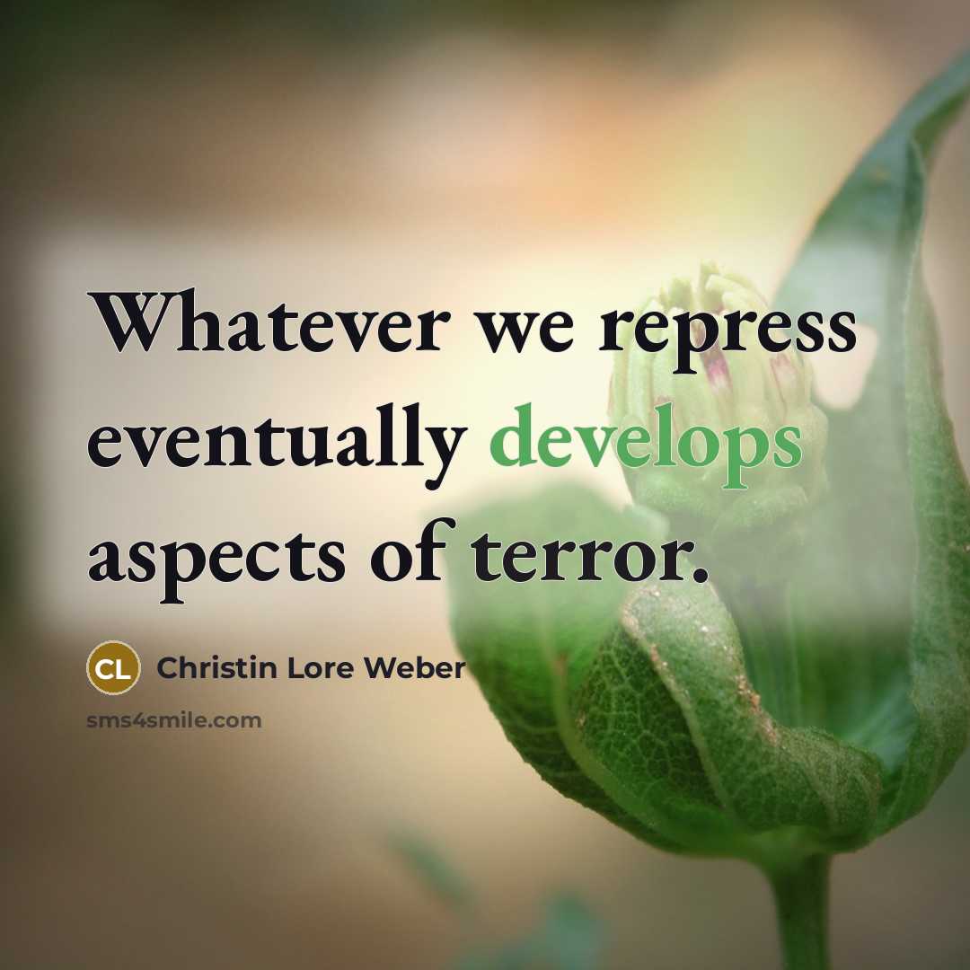 “Whatever we repress eventually develops aspects of terror.” quote by Christin Lore Weber