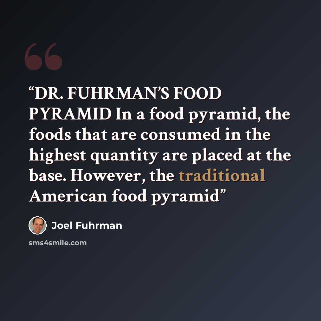 “DR. FUHRMAN’S FOOD PYRAMID In a food pyramid, the foods that are consumed in the highest quantity are placed at the base. However, the traditional American food pyramid” quote by Joel Fuhrman