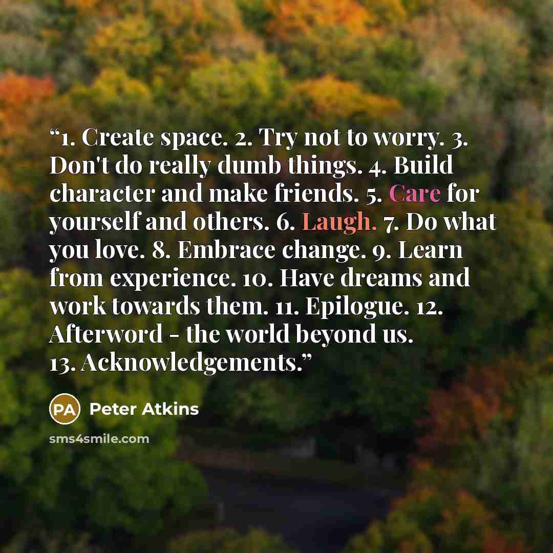 “1. Create space. 2. Try not to worry. 3. Don't do really dumb things. 4. Build character and make friends. 5. Care for yourself and others. 6. Laugh. 7. Do what you love. 8. Embrace change. 9. Learn from experience. 10. Have dreams and work towards them. 11. Epilogue. 12. Afterword - the world…” quote by Peter Atkins