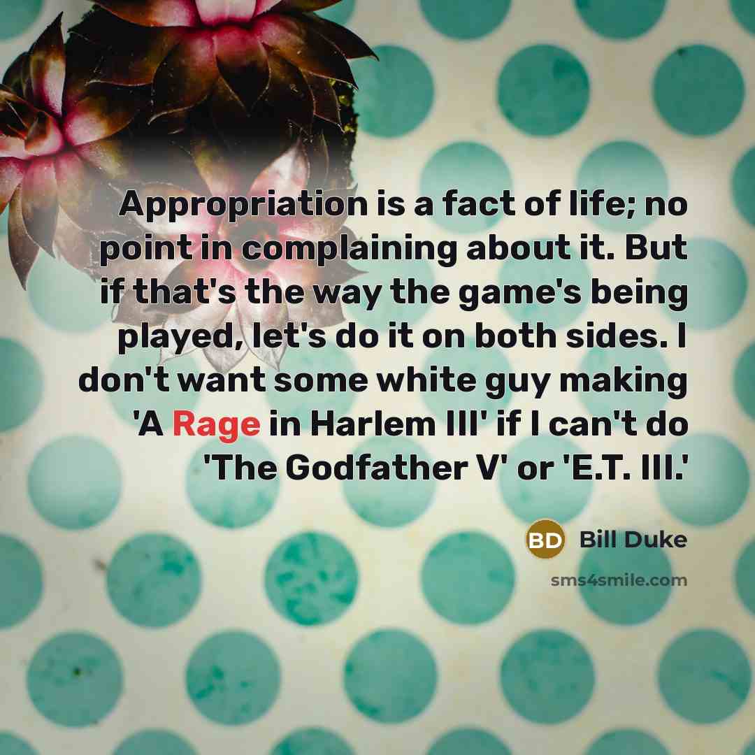 “Appropriation is a fact of life; no point in complaining about it. But if that's the way the game's being played, let's do it on both sides. I don't want some white guy making 'A Rage in Harlem III' if I can't do 'The Godfather V' or 'E.T. III.'” quote by Bill Duke