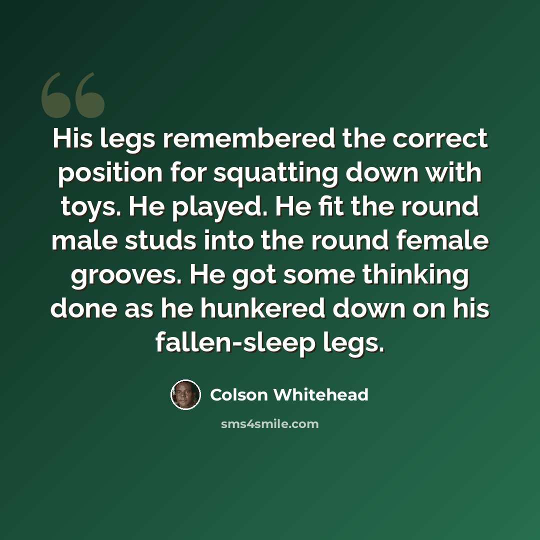 “His legs remembered the correct position for squatting down with toys. He played. He fit the round male studs into the round female grooves. He got some thinking done as he hunkered down on his fallen-sleep legs.” quote by Colson Whitehead