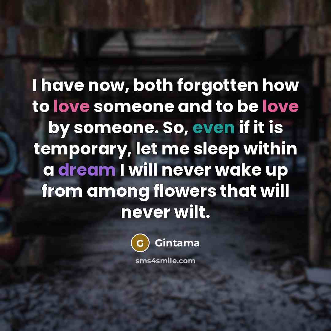 “I have now, both forgotten how to love someone and to be love by someone. So, even if it is temporary, let me sleep within a dream I will never wake up from among flowers that will never wilt.” quote by Gintama