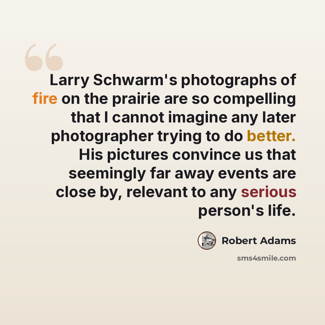 “Larry Schwarm's photographs of fire on the prairie are so compelling that I cannot imagine any later photographer trying to do better. His pictures convince us that seemingly far away events are close by, relevant to any serious person's life.” quote by Robert Adams