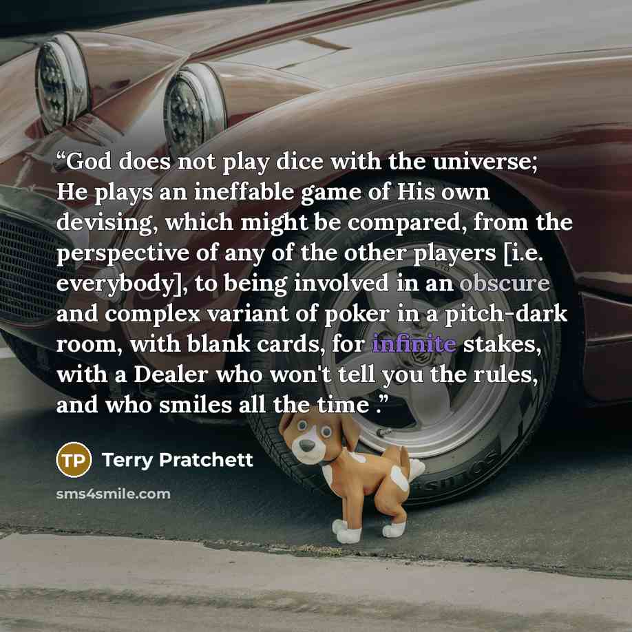 “God does not play dice with the universe; He plays an ineffable game of His own devising, which might be compared, from the perspective of any of the other players [i.e. everybody], to being involved in an obscure and complex variant of poker in a pitch-dark room, with blank cards, for infinite…” quote by Terry Pratchett