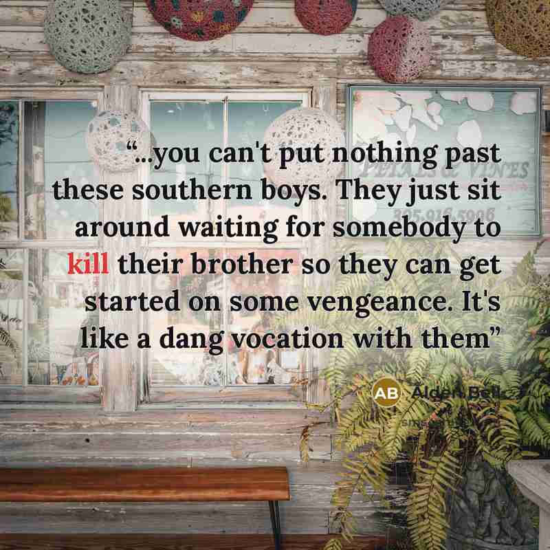 “...you can't put nothing past these southern boys. They just sit around waiting for somebody to kill their brother so they can get started on some vengeance. It's like a dang vocation with them” quote by Alden Bell