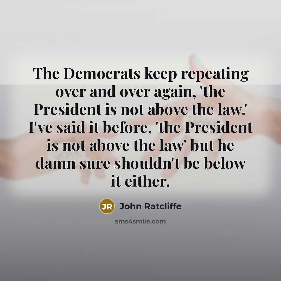 “The Democrats keep repeating over and over again, 'the President is not above the law.' I've said it before, 'the President is not above the law' but he damn sure shouldn't be below it either.” quote by John Ratcliffe