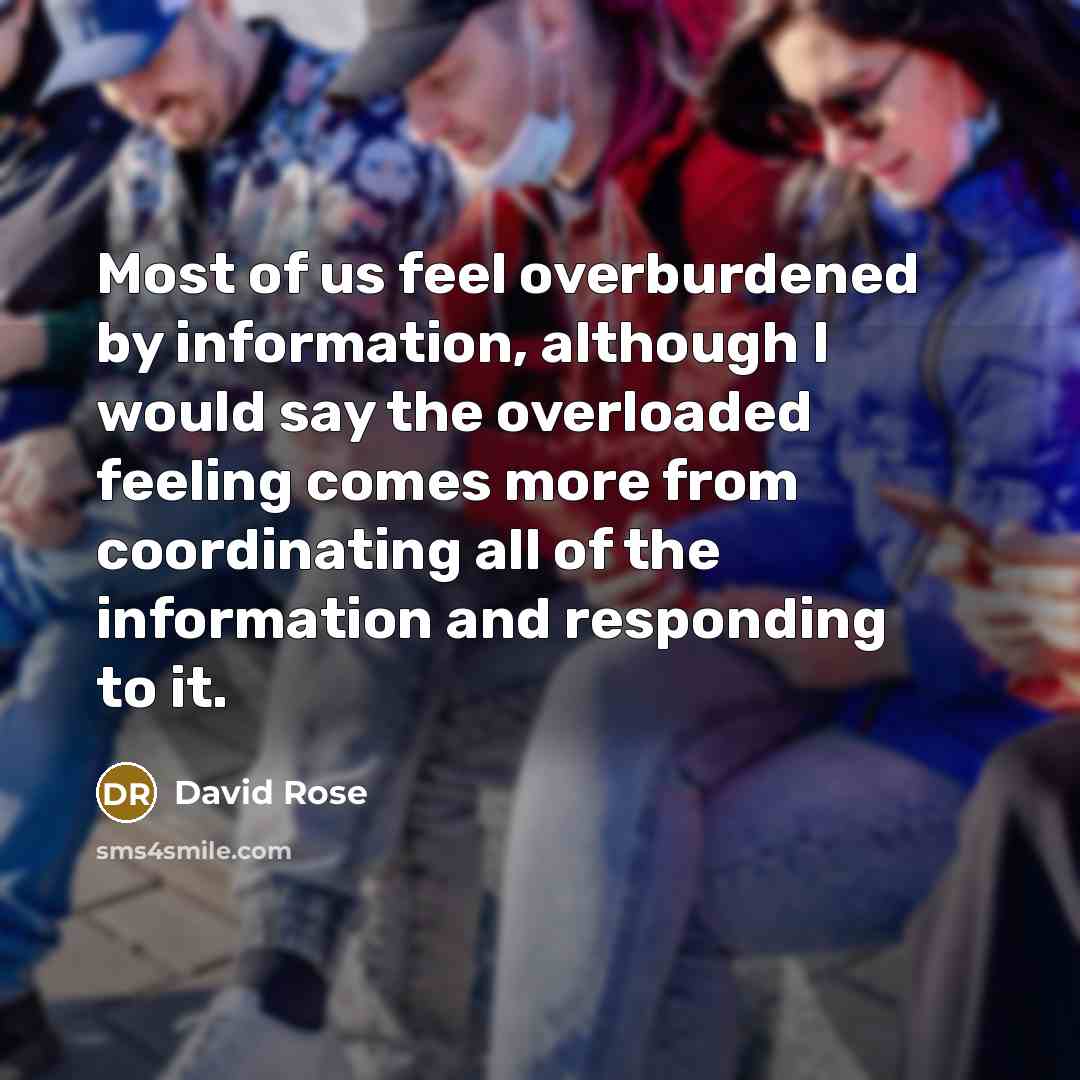 “Most of us feel overburdened by information, although I would say the overloaded feeling comes more from coordinating all of the information and responding to it.” quote by David Rose