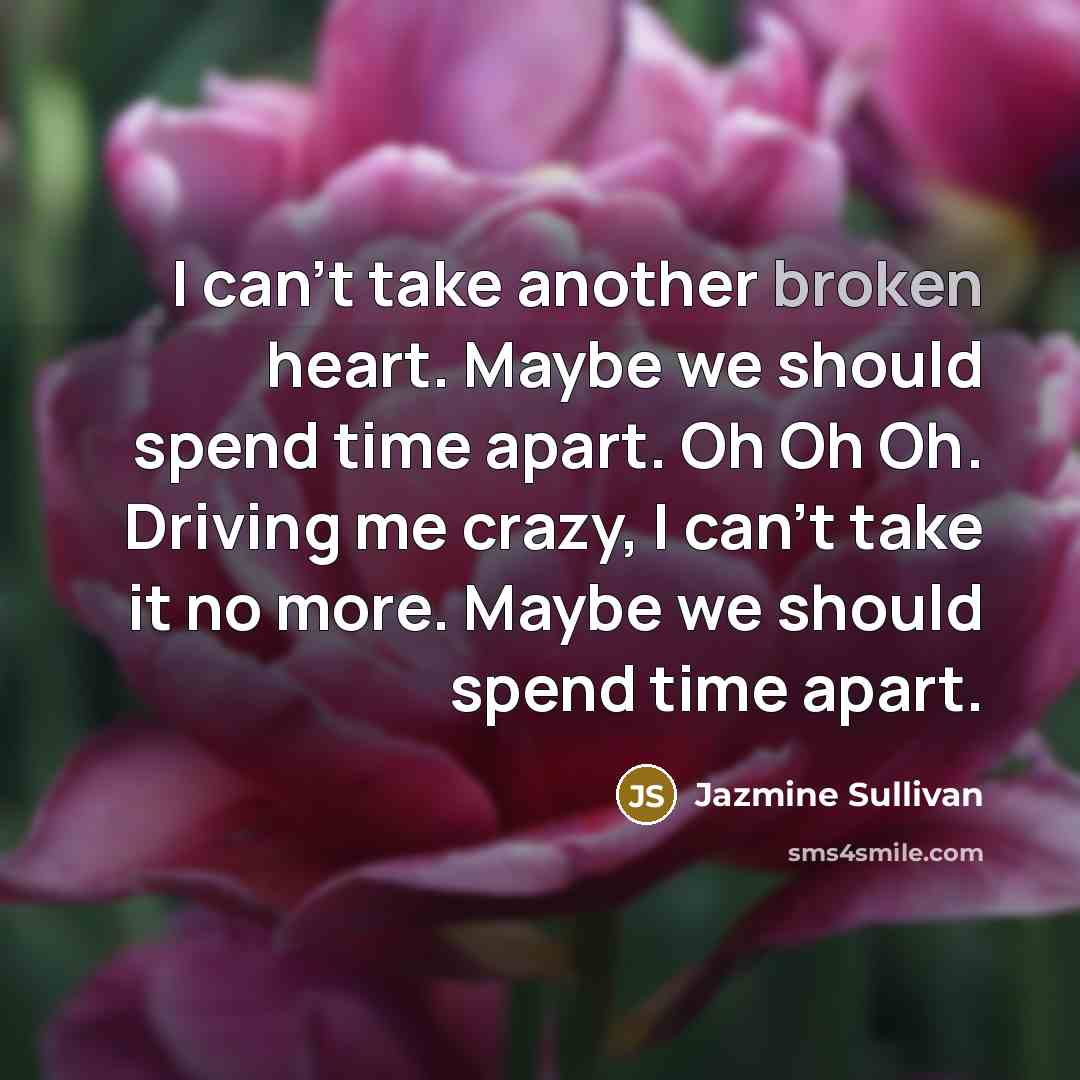 “I can't take another broken heart. Maybe we should spend time apart. Oh Oh Oh. Driving me crazy, I can't take it no more. Maybe we should spend time apart.” quote by Jazmine Sullivan