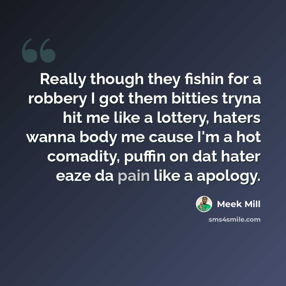 “Really though they fishin for a robbery I got them bitties tryna hit me like a lottery, haters wanna body me cause I'm a hot comadity, puffin on dat hater eaze da pain like a apology.” quote by Meek Mill
