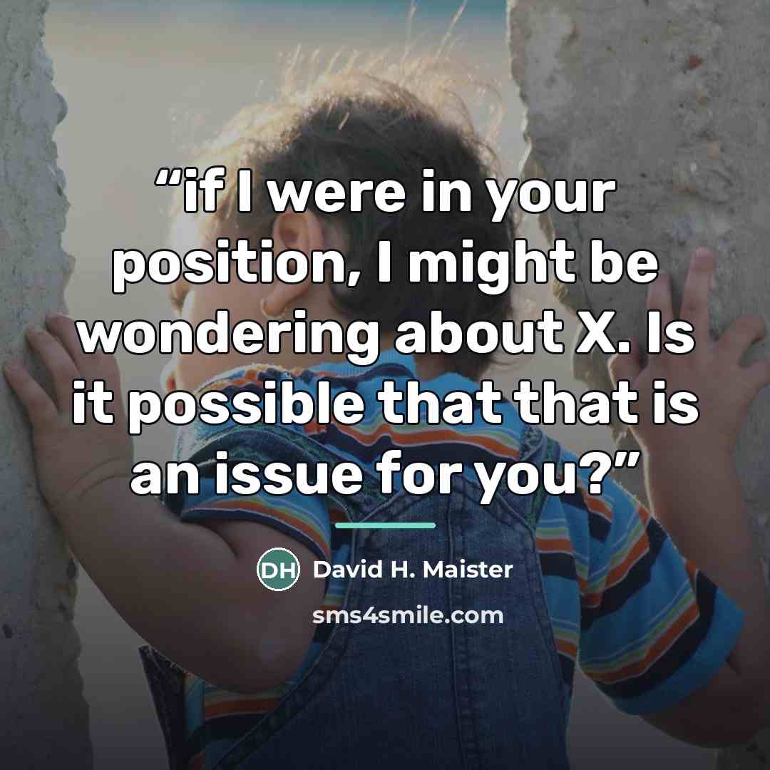 “if I were in your position, I might be wondering about X. Is it possible that that is an issue for you?” quote by David H. Maister