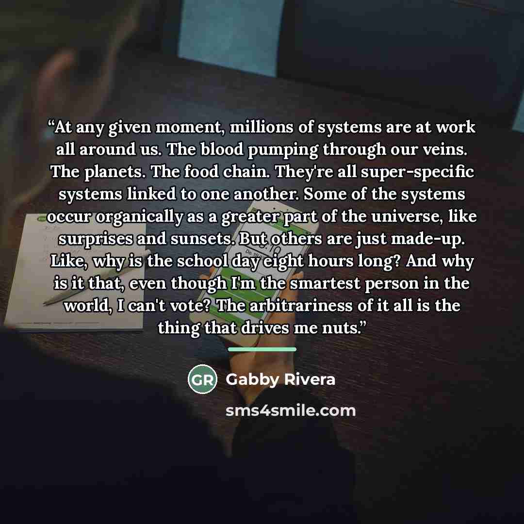 “At any given moment, millions of systems are at work all around us. The blood pumping through our veins. The planets. The food chain. They're all super-specific systems linked to one another. Some of the systems occur organically as a greater part of the universe, like surprises and sunsets. But…” quote by Gabby Rivera