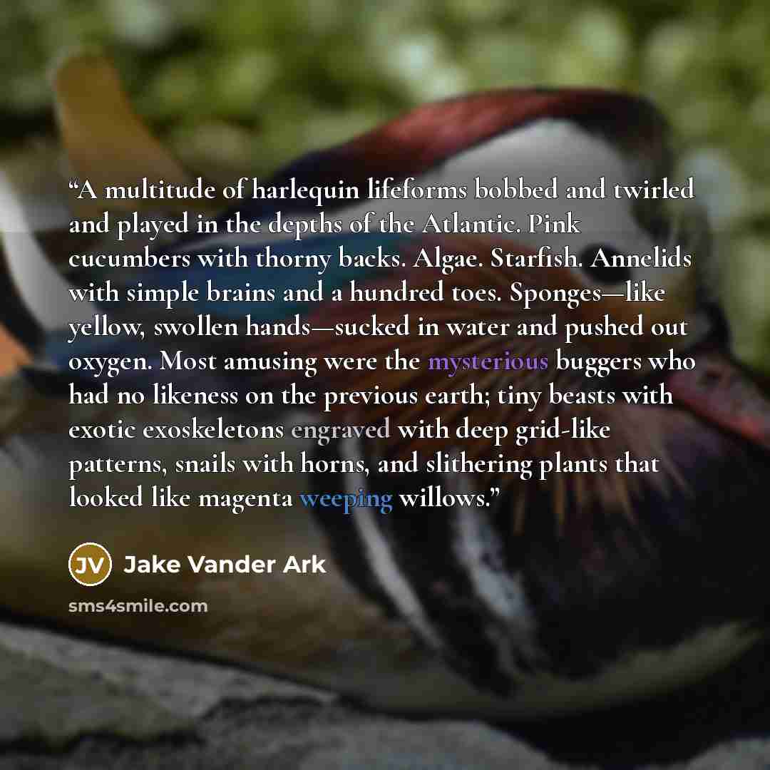 “A multitude of harlequin lifeforms bobbed and twirled and played in the depths of the Atlantic. Pink cucumbers with thorny backs. Algae. Starfish. Annelids with simple brains and a hundred toes. Sponges—like yellow, swollen hands—sucked in water and pushed out oxygen. Most amusing were the…” quote by Jake Vander Ark